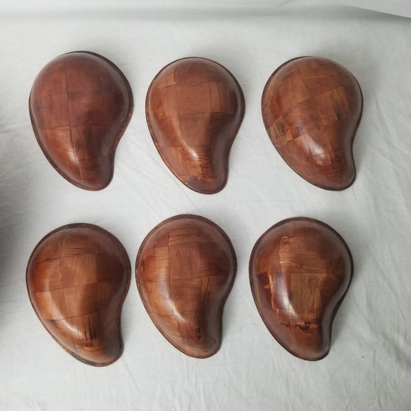Vintage mid century wood parquet pattern walnut color salad bowls set of 7 - Picture 2 of 9